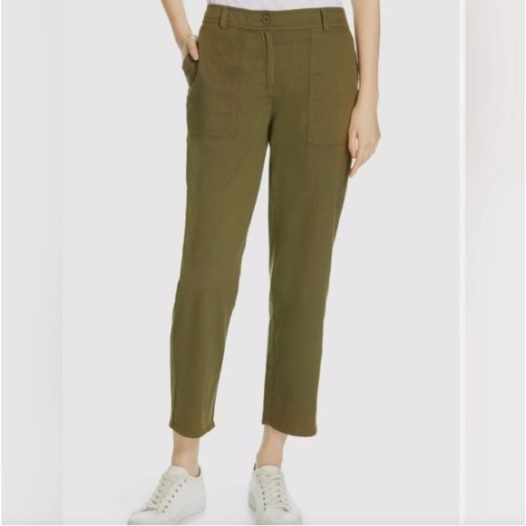 Eileen Fisher 100% Organic Cotton Twill Ankle Pants Olive Green Size 10 Casual - Picture 1 of 7